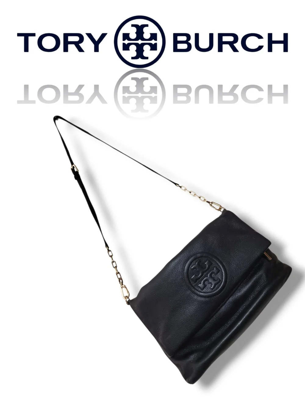 Tory Burch Black Pebbled Leather Amanda Foldover 2 Way Crossbody Messenger Bag